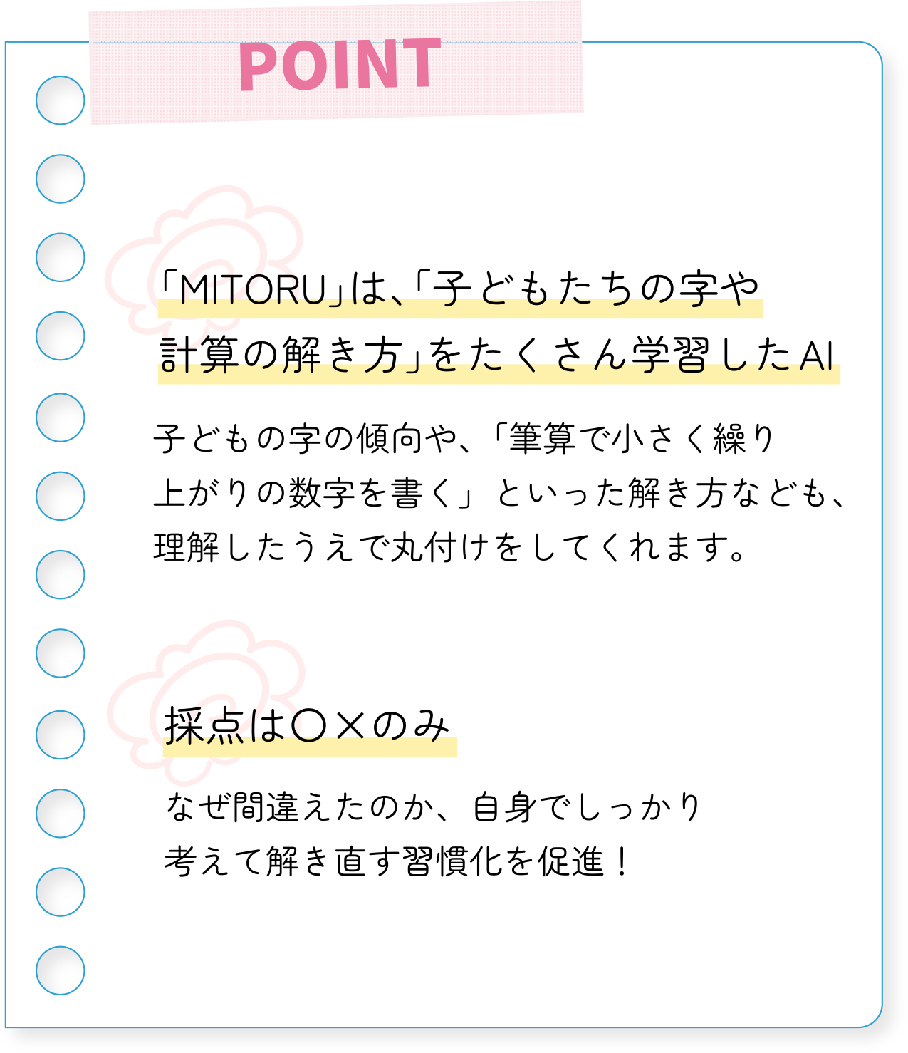 POINT「MITORU」は、「子どもたちの字や計算の解き方」をたくさん学習したAI。子どもの字の傾向や、「筆算で小さく繰り上がりの数字を書く」といった解き方なども、
理解したうえで丸付けをしてくれます。採点は〇×のみ なぜ間違えたのか、自身でしっかり考えて解き直す習慣化を促進！