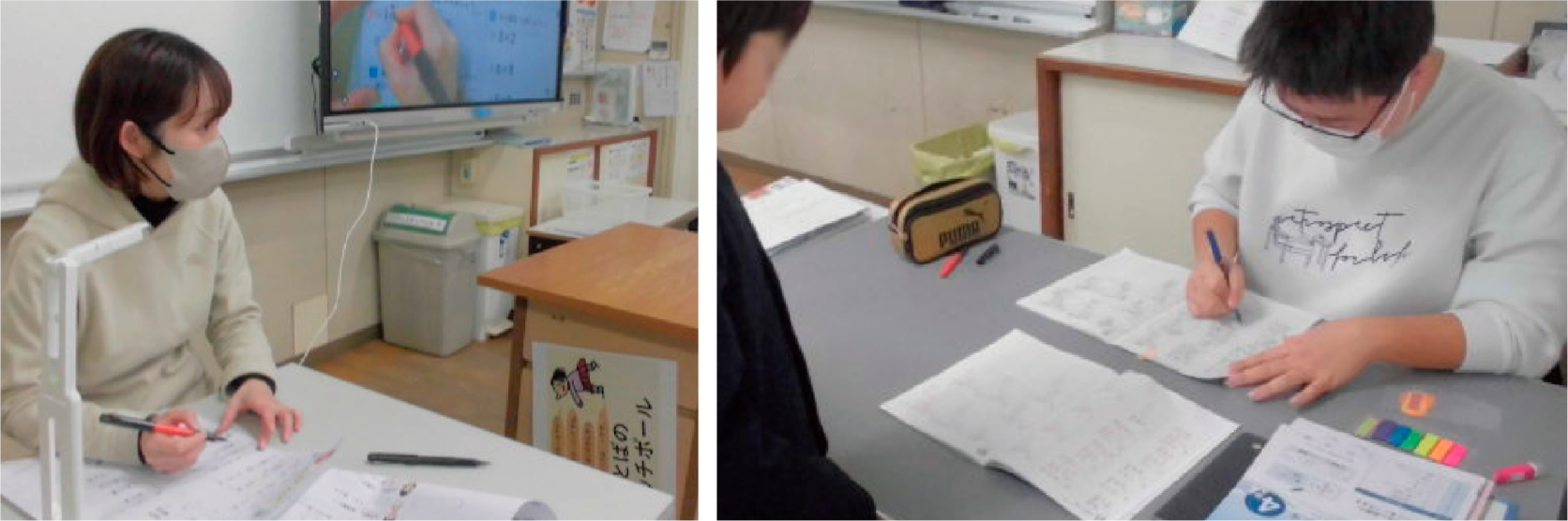 テストの見なおし指導の様子（写真左）と、ノートの丸付けの様子